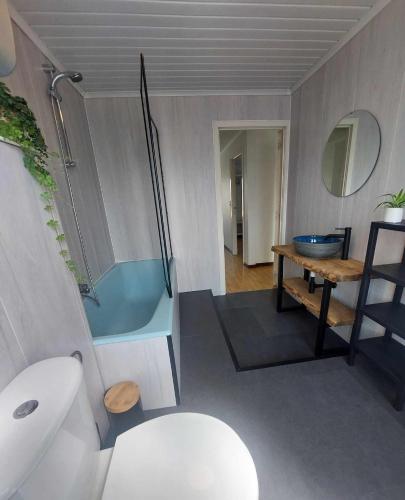 een badkamer met een douche, een toilet en een wastafel bij Huys 34, uw thuis weg van huis in Maldegem