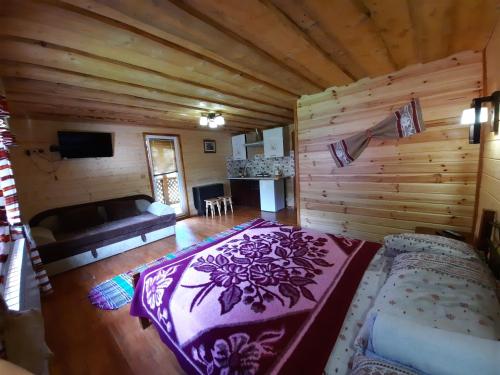 een kamer met een bed en een bank in een hut bij Садиба У Ані номер 4 in Synevyrsʼka Polyana