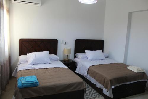 two beds sitting next to each other in a room at Giza - Pyramids/Museum Apartment in Cairo