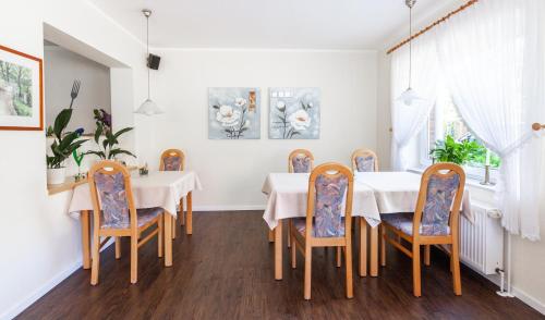 a dining room with a table and chairs at Pension Wilken in Bad Zwischenahn