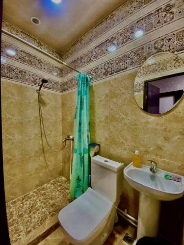a bathroom with a toilet and a sink and a mirror at Hotelvvv888 in Yerevan
