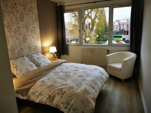 une chambre avec un lit, une chaise et une fenêtre dans l'établissement Joli Appartement Marcq en Baroeul proche Lille, à Marcq-en-Barœul