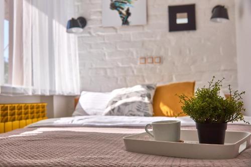 a tray with a cup and a plant on a bed at Яскраві Апартаменти √ Wi-Fi √ Кава √ 2хв п.Олександрія in Bila Tserkva