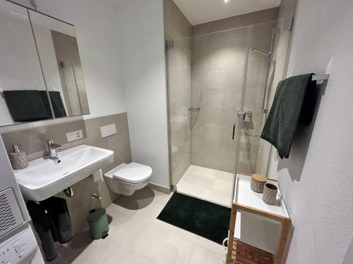 a bathroom with a shower and a toilet and a sink at Ferienwohnung in Neubau in Schellenberg