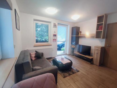 uma sala de estar com um sofá e uma televisão em Počitniško stanovanje Aurora em Bovec