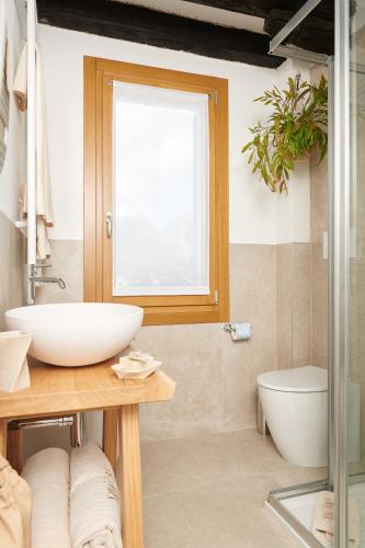 a bathroom with a sink and a toilet and a window at Dimore Getaway Apartments in Treviso