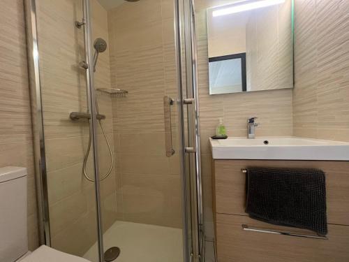 a bathroom with a shower and a sink at Le Phare des Baleines in La Flotte