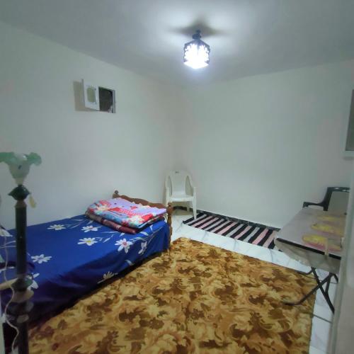 een slaapkamer met een bed, een tafel en een tapijt bij Egyptian Hostel in Alexandrië