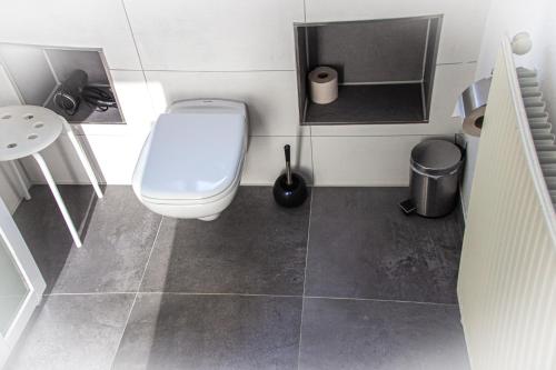 a small bathroom with a toilet and a sink at Meislahnhof Fehmarn in Fehmarn