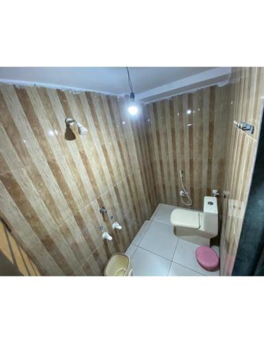 a small bathroom with a toilet and a shower at Hotel Sukhnath, Somnath in Somnath