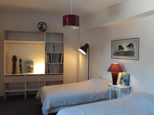 a bedroom with two beds and a table with a lamp at Gite PASSIFLORE in Cour-Cheverny