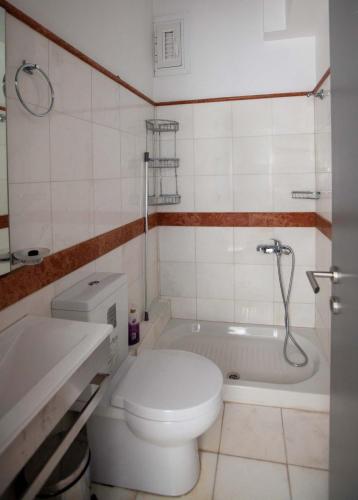 a bathroom with a toilet and a bath tub at Bourtzi View Villa in Nafplio
