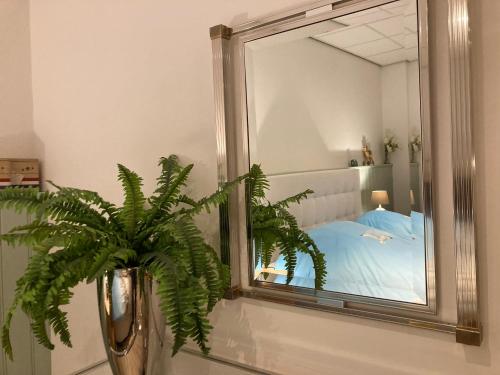 ein Spiegel auf einer Theke neben einem Schlafzimmer in der Unterkunft B&B Stations Koffiehuis in Molkwerum