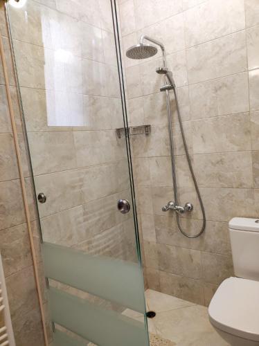 a shower with a glass door in a bathroom at Терасите - Къща 2 in Ribarica