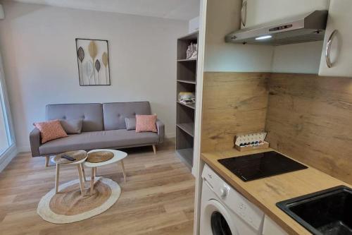 un salon avec un canapé et une table dans l'établissement Lourde center Apartment 3 bed with Parking, à Lourdes