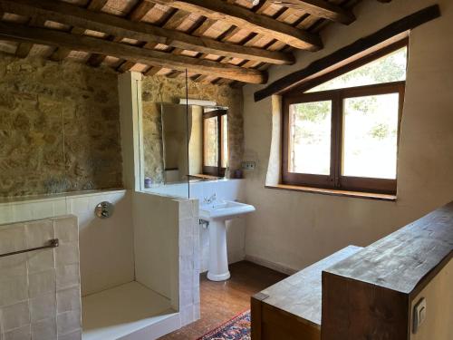 a bathroom with a sink and a toilet and a mirror at Can Maimes in Agullana