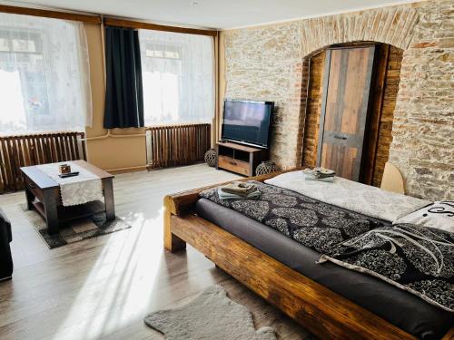 - une chambre avec un grand lit et une télévision à écran plat dans l'établissement Apartmán Houmr, à Jáchymov