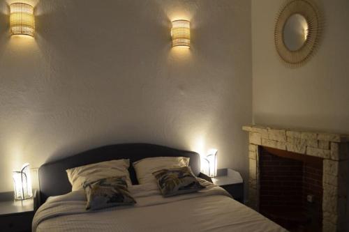 een slaapkamer met een bed met 2 kussens en een open haard bij Le Chateau in Évian-les-Bains