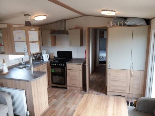 uma cozinha com armários de madeira e um forno com placa de fogão em End of the road Farm-Cabin em Búðardalur