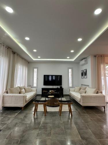sala de estar con 2 sofás y TV en Villa Sans Vis à Vis Le Domaine Luxury Experience, en Mezraya
