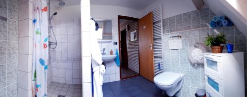 a bathroom with a toilet and a sink and a shower at B&B Veluwemeerpension in Nunspeet