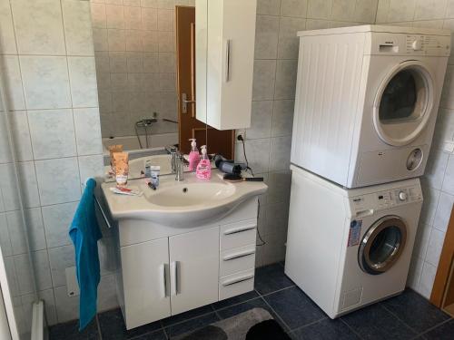 a bathroom with a sink and a washing machine at Ferienwohnung am Ponyhof in Altötting