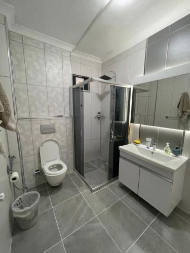 ein Bad mit einer Dusche, einem WC und einem Waschbecken in der Unterkunft Deniz Apartment in Yalova