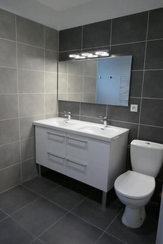 une salle de bain avec toilettes, lavabo et miroir dans l'établissement Villa Coquelicot avec piscine privée et borne électrique, à Moussac