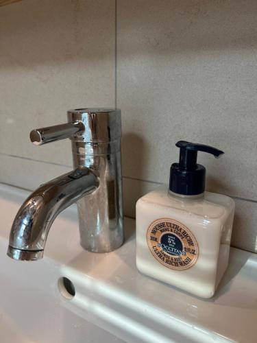 een wastafel in de badkamer met een fles zeep en een zeepdispenser bij Korean Traditional terrace House Paradise Shopping Center in Seoul