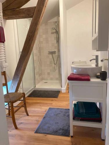 une salle de bain avec un lavabo et une douche dans l'établissement Propriété de campagne au calme, à Le Bourdeix