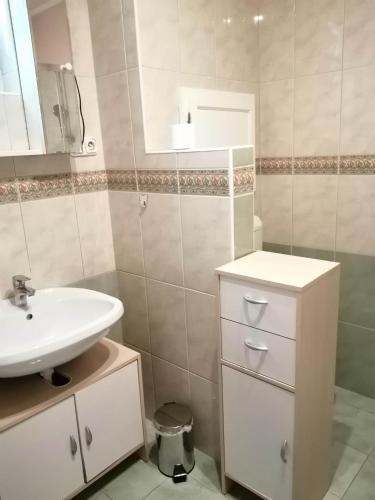 a bathroom with a white sink and a mirror at GingerBED Apartman in Kaposvár