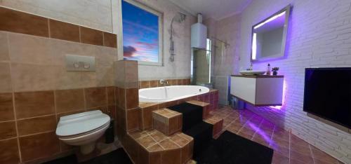 パンチェヴォにあるApartmani Pančevo Roseのトイレ、浴槽、洗面台を備えたバスルーム