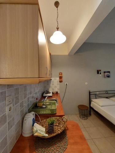 a kitchen with a sink and a bed in a room at Violetta Studios & Apartments in Milína