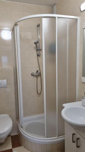 y baño con ducha, aseo y lavamanos. en Apartman Nora, en Čakovec