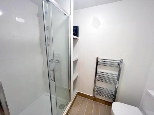 bagno con doccia in vetro e servizi igienici. di Studio Apartments in Sutton (South London) a Cheam