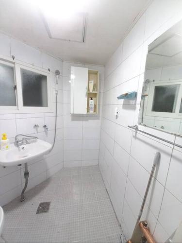 een witte badkamer met een wastafel en een spiegel bij A full private home in Seoul