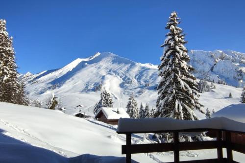 a snow covered mountain with a cabin in the foreground at Appartement 25m2 à Manigod, col merdassier. in Manigod