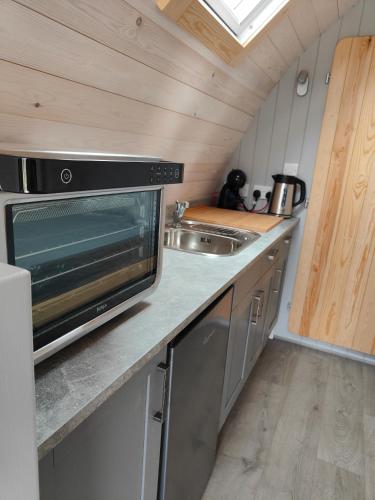 a kitchen with a sink and a microwave at Devonknowes lodges in Tillicoultry