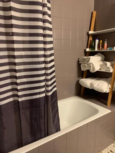 a bathroom with a bath tub with a shower curtain at Appartement de vacances à Torgon in Vionnaz