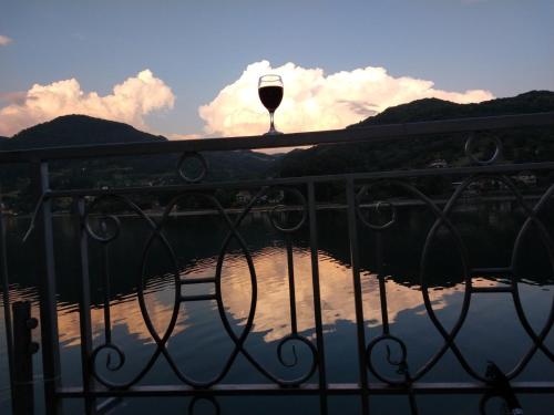a glass of wine sitting on top of a balcony at Vila Oaza - Zvorničko jezero in Zvornik