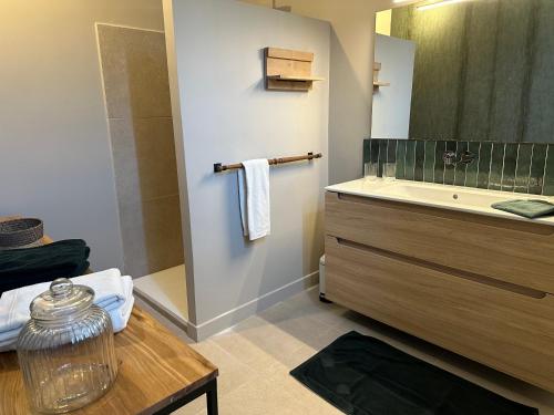 a bathroom with a sink and a vanity with a mirror at CABADOL - Appartement Aix centre historique - très calme - 50m cours Mirabeau in Aix-en-Provence