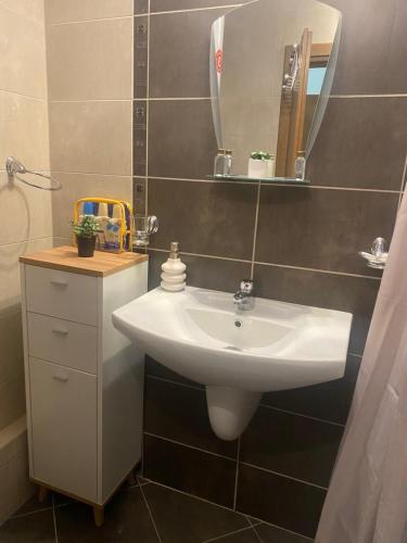 a bathroom with a white sink and a mirror at Cosy studios with mountain view near Bansko in Razlog
