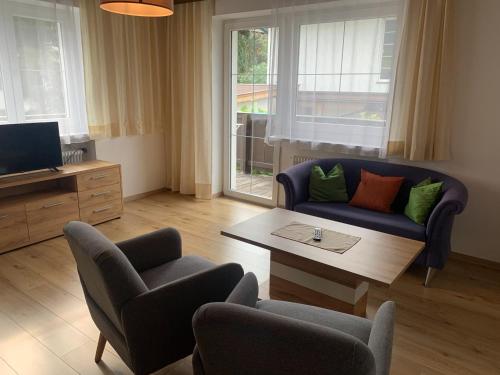 ein Wohnzimmer mit einem Sofa und einem Couchtisch in der Unterkunft Appartements Konrad in Söll