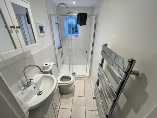 een badkamer met een toilet, een wastafel en een douche bij 2 Bedroom Apartment ST9A, Ryde, Isle of Wight in Ryde