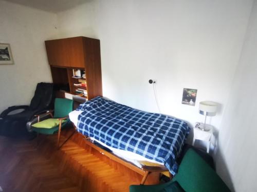 a bedroom with a bed with a blue checkered blanket at Rozica in Idrija