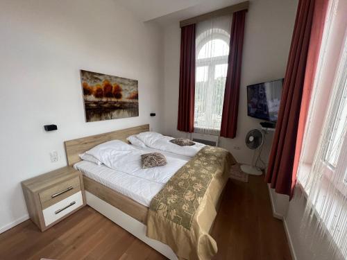 een slaapkamer met een bed en een televisie. bij Apartments Elfie in Sarajevo