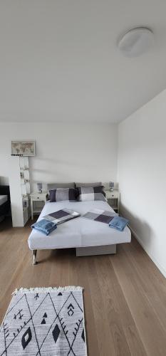 een witte slaapkamer met een bed en een tapijt bij Studio Apartment Urban Haven in Sarajevo