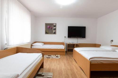 a room with two beds and a flat screen tv at Apartmaji in sobe RaMar in Straža