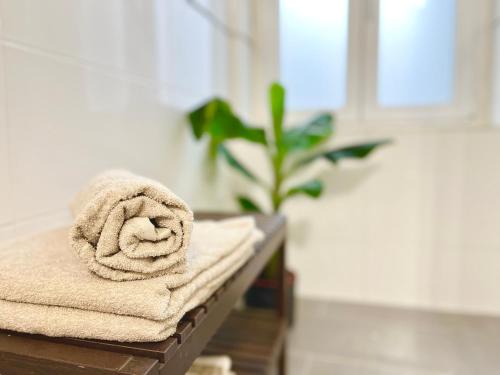 una pila de toallas en una mesa con una planta en Wellness Apartment - Sauna - 3 Schlafzimmer - 6 Personen - Zentrum, en Hannover