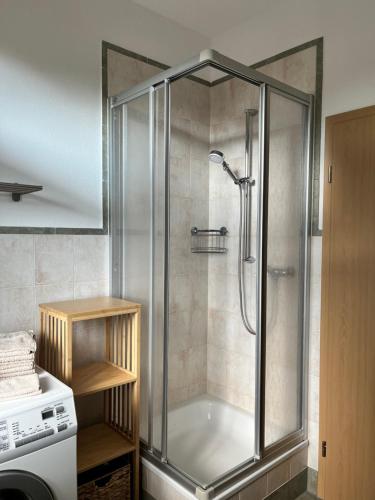 a shower with a glass enclosure in a bathroom at Ferienwohnung Am Bürgerteich in Bischofswerda